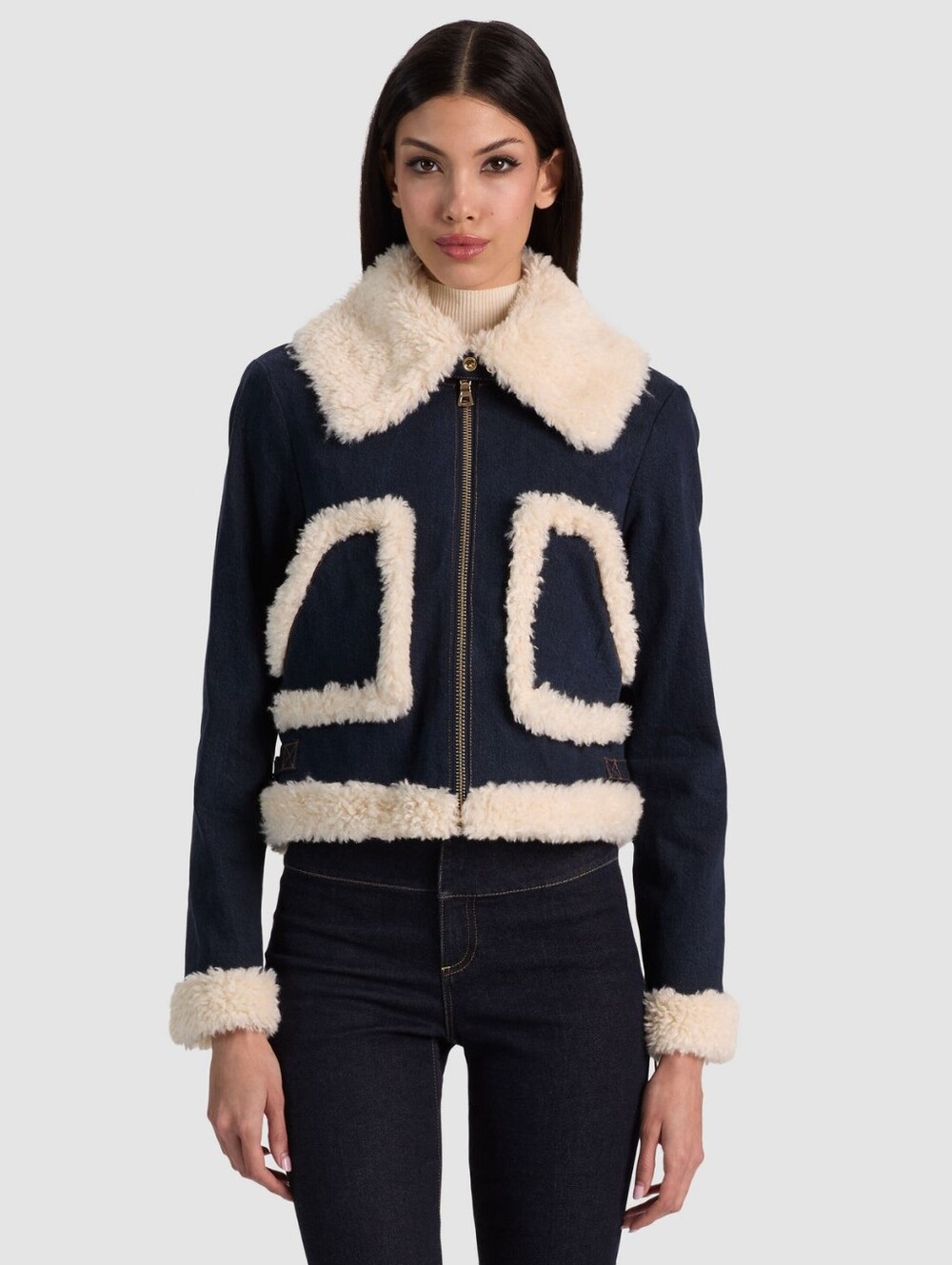 Alice + Olivia ISAIAH FAUX SHEARLING DENIM AVIATOR JACKET